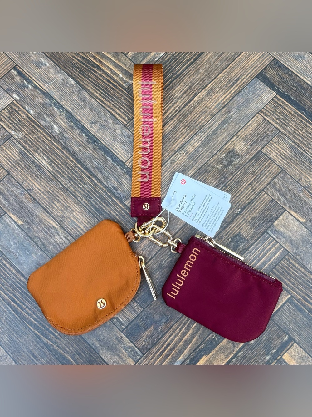 NWT Lululemon Dual Pouch Wristlet Wordmark In Garnet/Spiced Chai